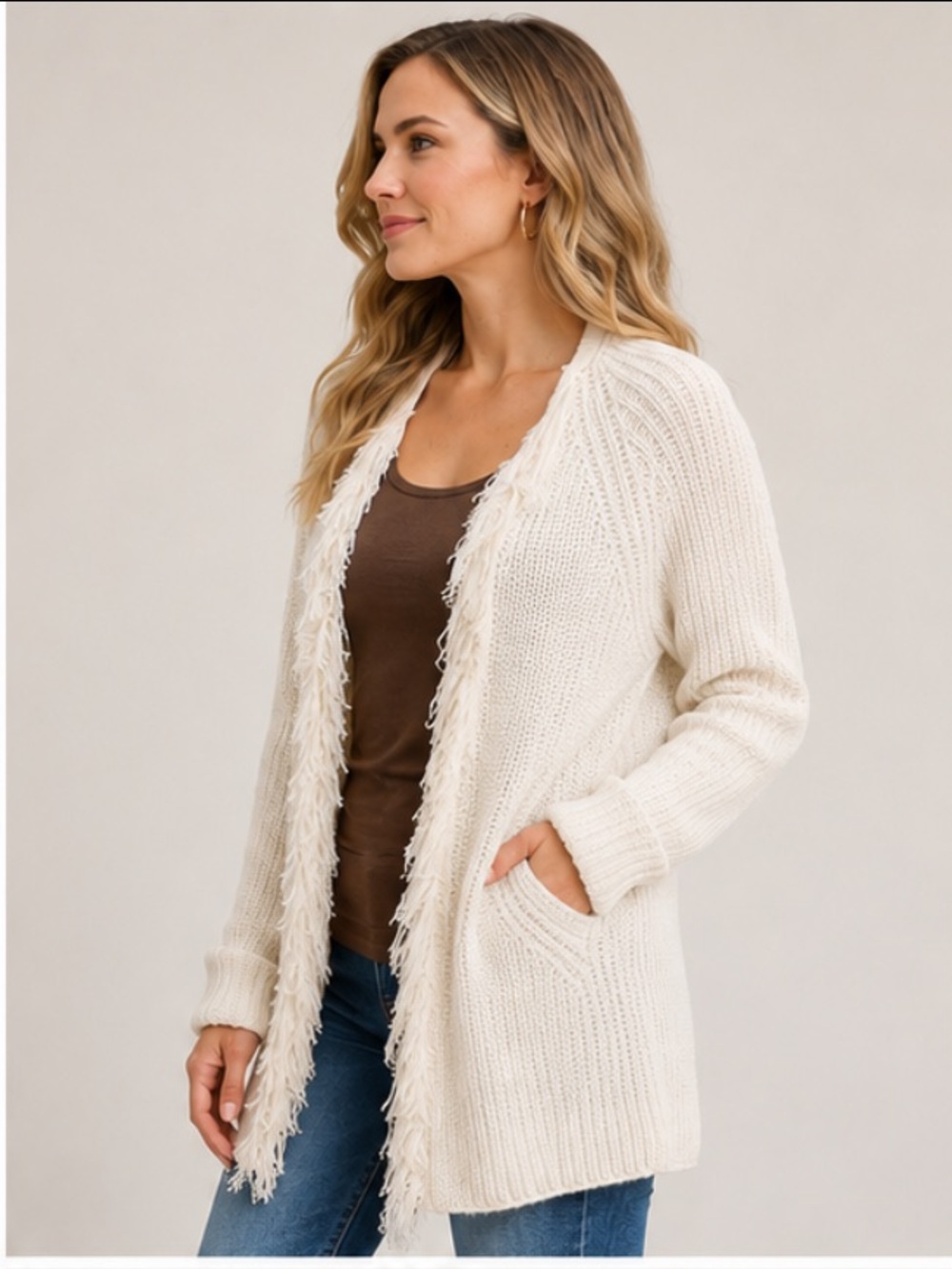 Women’s Ivory Chunky Knit Fringe Open Front Cardigan Sweater Size Small - Picture 2 of 6